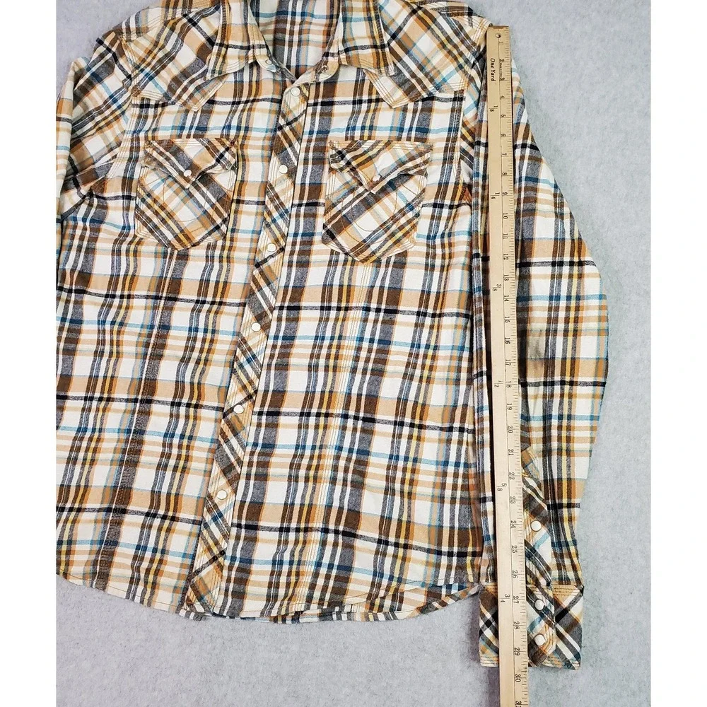 True Religion Shirt Tag Size XXXL Fits 2XL Brown Blue Plaid Pearl Snap Flannel